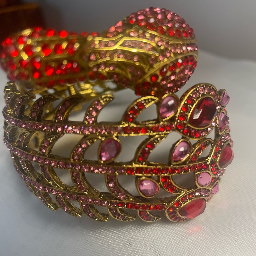 Elegant Goldtone and Red Peacock Design Cuff Bracelet